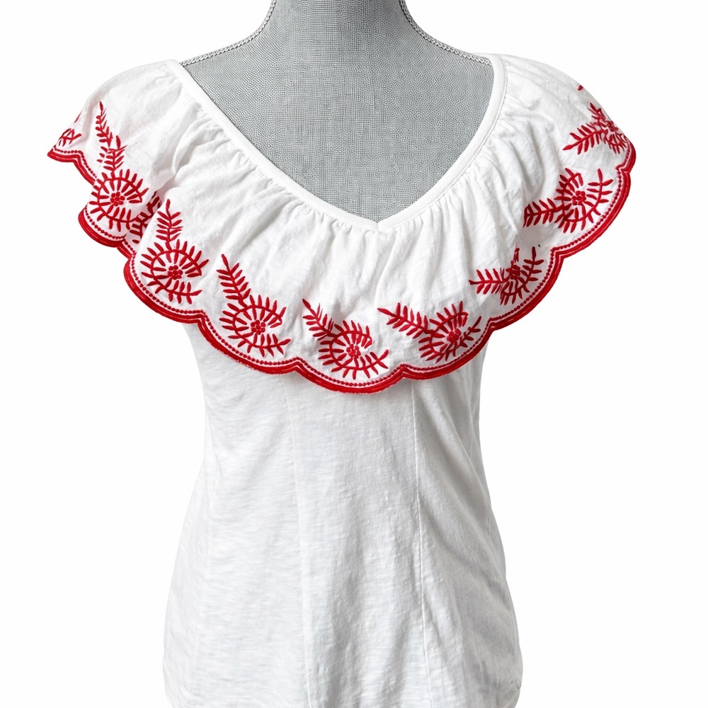 Moulinette Soeurs Anthropologie Red Embroidered Ruffle Peasant Top XS